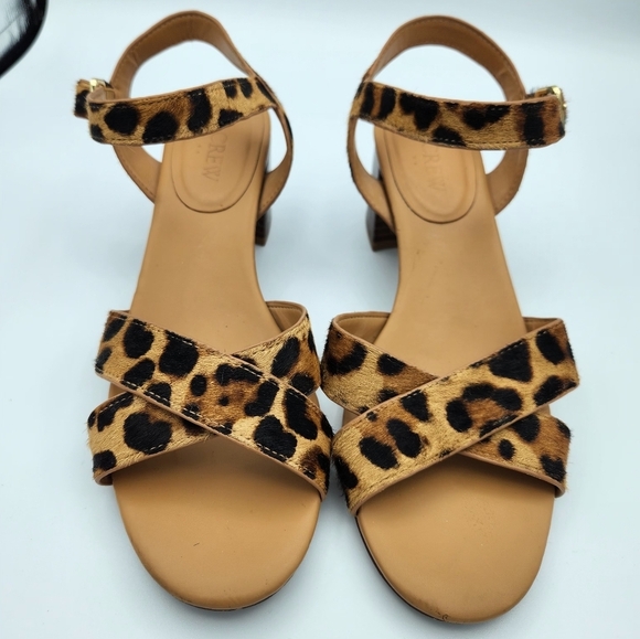 J Crew Womens 8 Calf Hair Leopard Low Block Heel Sandals Brown Black Open Toe - Picture 2 of 6